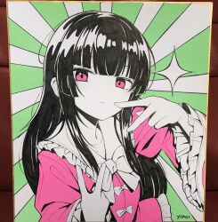 Rule 34 | 1girl, black hair, bow, bowtie, closed mouth, commentary, double v, expressionless, frilled shirt collar, frilled sleeves, frills, green background, highres, houraisan kaguya, limited palette, long hair, long sleeves, photo (medium), pink eyes, pink shirt, shikishi, shirt, sidelocks, signature, solo, sparkle, touhou, traditional media, v, very long hair, white background, wide sleeves, yonoisan