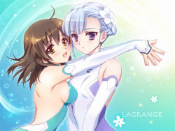 Rule 34 | 10s, 2girls, :d, backless dress, backless outfit, bad id, bad pixiv id, bare back, bare shoulders, blue hair, blush, bodysuit, braid, breasts, brown hair, carnelian, dress, elbow gloves, fin e ld si laffinty, flower, gloves, hair flower, hair ornament, hug, kyouno madoka, looking at viewer, medium breasts, multiple girls, open mouth, purple eyes, rinne no lagrange, short hair, sideboob, smile, upper body, yuri