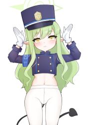 Rule 34 | 1girl, absurdres, arm up, armpits, belly, blue archive, blush, chef rat, closed mouth, gloves, green hair, halo, hat, highres, hikari (blue archive), long hair, long sleeves, looking at viewer, pantyhose, shirt, simple background, solo, tail, white background, yellow eyes
