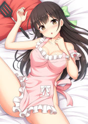 Rule 34 | 1girl, :o, apron, blush, bow, breasts, brown eyes, brown hair, collarbone, frilled apron, frills, green bow, hair bow, half updo, long hair, looking at viewer, lying, medium breasts, nakamura sumikage, naked apron, on back, original, pillow, solo, spatula, thighs