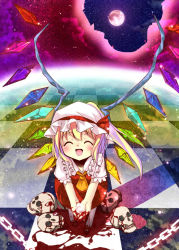 Rule 34 | 1girl, :d, ^ ^, blonde hair, blood, chain, checkered floor, closed eyes, closed eyes, fang, female focus, flandre scarlet, floor, full moon, hat, leaning forward, moon, open mouth, own hands together, perspective, sho (runatic moon), skull, smile, solo, standing, touhou, wings
