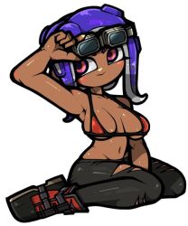 1girl 3: adjusting_goggles arm_up armpits bare_arms bare_shoulders bikini bikini_top_only blue_hair breasts cleavage closed_mouth dark-skinned_female dark_skin full_body goggles groin large_breasts long_hair name_omoitukan2 navel nintendo octoling octoling_girl octoling_player_character red_bikini red_eyes shiny_skin simple_background sitting solo splatoon_(series) swimsuit tentacle_hair thick_lineart underboob white_background