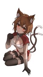 Rule 34 | 1girl, absurdres, alternate costume, animal ear fluff, animal ear piercing, animal ears, arm support, between breasts, black gloves, black thighhighs, blush, breasts, brown hair, cat ears, cat tail, chen, cleavage, commentary request, dot nose, double-parted bangs, earrings, elbow gloves, flantia, from above, garter straps, gloves, hair between eyes, hand up, highres, jewelry, medium breasts, multiple tails, navel, necktie, necktie between breasts, nekomata, no headwear, parted lips, paw pose, red eyes, short hair, shrug (clothing), simple background, single earring, sitting, solo, tail, thighhighs, touhou, two tails, white background, yokozuwari