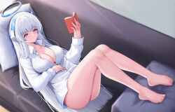 Rule 34 | 1girl, barefoot, blue archive, blunt bangs, book, bottomless, breasts, cleavage, collared shirt, couch, halo, hand on own stomach, hand up, headgear, headphones, highres, holding, holding book, lying, mechanical halo, naked shirt, nezumi (09261377), no shoes, noa (blue archive), on back, on couch, partially unbuttoned, pillow, purple eyes, shirt, smile, white hair, white halo, white shirt