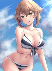 Rule 34 | 1girl, anchor earrings, bikini, blue sky, blush, breasts, brown hair, cleavage, collarbone, day, earrings, flipped hair, green eyes, hand on own arm, highres, jewelry, kantai collection, large breasts, looking at viewer, monoku, mutsu (kancolle), navel, open mouth, outdoors, short hair, sky, solo, striped bikini, striped clothes, sunlight, swimsuit, two-tone bikini