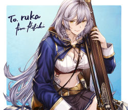 Rule 34 | 1girl, ahoge, artist name, bag, belt, black skirt, blue background, blue coat, border, braid, breasts, buckle, cleavage, closed mouth, coat, collarbone, commentary, commission, crop top, eyelashes, fingernails, granblue fantasy, gun, hair between eyes, hand up, holding, holding weapon, ivris, large breasts, long hair, long sleeves, looking to the side, messenger bag, miniskirt, open clothes, open coat, outside border, over shoulder, pleated skirt, rifle, shoulder bag, sidelocks, silva (granblue fantasy), silver hair, simple background, sitting, skirt, smile, sniper rifle, solo, stomach, striped, tank top, taut clothes, vertical stripes, very long hair, wavy hair, weapon, weapon over shoulder, white border, white tank top, yellow eyes