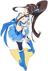 Rule 34 | 1girl, black thighhighs, blue footwear, blue skirt, blue vest, boots, breasts, cleavage, commentary request, cosplay, crossover, cure berry, cure berry (cosplay), downblouse, fresh precure!, frilled skirt, frills, from above, from behind, heart, knee boots, kondou mai, large breasts, looking back, looking up, magical girl, ponytail, precure, sidelocks, simple background, sketch, skirt, smile, solo, standing, thighhighs, umanosuke, vest, wake up girls!, wake up girls! stage no tenshi, white background