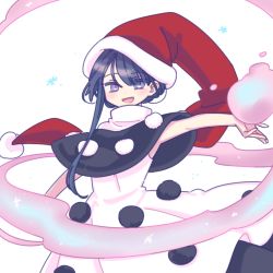 Rule 34 | 1girl, black hair, blue eyes, blue hair, capelet, cloud, de17a, doremy sweet, dress, holding, medium hair, night clothes, open mouth, pom pom (clothes), short hair, smile, solo, sparkle, striped clothes, striped dress, touhou, white background