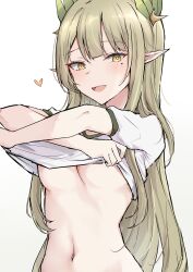 Rule 34 | 1girl, :d, absurdres, arknights, breasts, chinese commentary, clothes lift, commentary request, grey hair, heart, highres, lifted by self, long hair, looking at viewer, mango (mgo), medium breasts, midriff, muelsyse (arknights), navel, open mouth, shirt, shirt lift, short sleeves, smile, solo, stomach, underboob, upper body, very long hair, white background, white shirt, yellow eyes