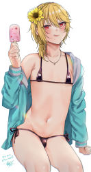 Rule 34 | 1boy, aina123, arm support, armpit crease, asymmetrical hair, bikini, black bikini, blonde hair, bulge, collarbone, crossdressing, dated, ensemble stars!, eyelashes, feet out of frame, flower, green jacket, hair flower, hair ornament, hand up, highres, holding, ice cream bar, invisible chair, jacket, jewelry, licking lips, long sleeves, looking at viewer, male focus, medium hair, micro bikini, navel, necklace, nito nazuna, red eyes, shiny skin, side-tie bikini bottom, sidelocks, signature, sitting, solo, sunflower, swimsuit, tongue, tongue out, trap, white background