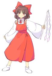 Rule 34 | 1girl, bad id, bad twitter id, blush, bow, bright pupils, brown hair, closed mouth, commentary, detached sleeves, embodiment of scarlet devil, fingernails, full body, gohei, hair bow, hair tubes, hakurei reimu, highres, holding, legs apart, long sleeves, neck ribbon, red bow, red eyes, red ribbon, red skirt, red vest, ribbon, sasa kichi, short hair, simple background, skirt, smile, socks, solo, touhou, vest, white background, white socks, wide sleeves, wing collar