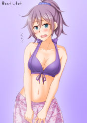 Rule 34 | 1girl, anti (untea9), aoba (kancolle), bikini, blue eyes, blue scrunchie, commentary request, flying sweatdrops, gradient background, hair ornament, hair scrunchie, highres, kantai collection, looking at viewer, open mouth, pink hair, ponytail, purple background, purple bikini, purple hair, sarong, scrunchie, solo, swimsuit