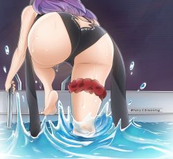 Rule 34 | 1girl, absurdres, ass, ass focus, barefoot, black one-piece swimsuit, butt crack, colorized, eden&#039;s zero, facing away, female focus, highres, holy (eden&#039;s zero), long hair, mashima hiro, one-piece swimsuit, pool, purple hair, solo, swimsuit, water