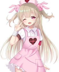Rule 34 | &gt; &lt;, 1girl, ;d, apron, armband, bandaged arm, bandages, blush, brown hair, center frills, collared shirt, commentary request, fang, frills, hair ornament, half-closed eye, hand up, hat, heart, highres, long hair, natori sana, nurse cap, one eye closed, open mouth, pink apron, pink hat, puffy short sleeves, puffy sleeves, rabbit hair ornament, red eyes, safety pin, sana channel, satori (ymoy), shirt, short sleeves, simple background, smile, solo, two side up, very long hair, virtual youtuber, white background, white shirt