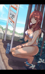 Rule 34 | 10s, 1girl, bare legs, beach, bikini, bow, bow bikini, bracelet, breasts, brown eyes, brown hair, can, cleavage, covered erect nipples, day, drink, flip-flops, flower, hairband, hand on own chest, hand on own thigh, harukana receive, highres, hot, jewelry, leaf, legs, letterboxed, light rays, mai (xskdizzy), medium breasts, medium hair, ocean, oozora haruka (harukana receive), outdoors, sandals, shadow, shiny skin, side-tie bikini bottom, sign, sky, smile, squatting, sunbeam, sunlight, sweat, sweatdrop, swimsuit, thighhighs, thighs, twintails, white bikini, wooden floor
