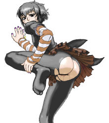Rule 34 | 1girl, aliasing, arm support, ass, bar censor, black eyes, black hair, black lagoon, brown skirt, censored, feet, feet out of frame, frederica sawyer, goth fashion, jewelry, layered sleeves, leg lift, long sleeves, looking at viewer, looking back, miniskirt, nail polish, no shoes, pantyhose, pleated skirt, purple nails, pussy juice, pussy juice trail, short over long sleeves, short sleeves, simple background, skirt, solo, standing, standing on one leg, sweat, sweatdrop, toes, torn clothes, torn pantyhose, white background