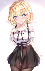 Rule 34 | 1girl, bare shoulders, black skirt, blonde hair, blue eyes, brown pantyhose, collarbone, commentary, highres, hololive, hololive english, looking at viewer, pantyhose, shirt, skirt, solo, virtual youtuber, watson amelia, watson amelia (street casual), white shirt, yuano
