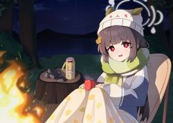 Rule 34 | 1girl, absurdres, black hair, blue archive, blush, cup, fire, green scarf, grey halo, halo, hat, highres, holding, holding cup, leaf, leaf on head, long hair, long sleeves, looking at viewer, miyu (blue archive), night, open mouth, outdoors, red eyes, reflector178, scarf, smile, solo, tree, tree stump, white hat