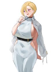 Rule 34 | 1girl, absurdres, arm behind back, blonde hair, blush, breasts, collared jacket, commentary request, covered navel, dress, earrings, hair between eyes, hand up, highres, huge breasts, jacket, jacket on shoulders, jewelry, last origin, looking to the side, open mouth, procreate (medium), purple eyes, rowkiba, sadius of retribution, short hair, sideboob, simple background, solo, standing, watch, white background, white dress, wristwatch
