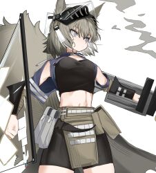 Rule 34 | 1girl, animal ears, arknights, ashlock (arknights), ashlock (elite ii) (arknights), black shirt, black shorts, commentary request, cowboy shot, crop top, grey eyes, grey hair, headgear, highres, large tail, midriff, pelvic curtain, pouch, shirt, short hair, shorts, signal 1120, solo, standing, stomach, tail, white background