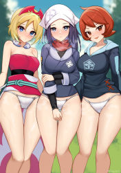 Rule 34 | 3girls, :d, akari (pokemon), arezu (pokemon), arm under breasts, blonde hair, blue eyes, blue hair, blue shirt, blue sky, blush, breasts, breath, censored, closed mouth, creatures (company), dark blue hair, day, game freak, grass, grey eyes, hair ornament, head scarf, highres, holding own arm, irida (pokemon), jewelry, large breasts, long hair, long sleeves, looking at viewer, medium breasts, mosaic censoring, multiple girls, nassss, neck ring, nintendo, no pants, open mouth, panties, pokemon, pokemon legends: arceus, red eyes, red hair, red scarf, red shirt, scarf, shirt, short hair, side-by-side, sky, sleeveless, sleeveless shirt, smile, standing, thigh gap, thighs, tree, underwear, white headwear, white panties