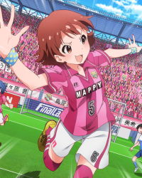 Rule 34 | &gt;:d, 10s, 3girls, :d, artist request, blush, brown eyes, brown hair, character name, cleats, idolmaster, idolmaster million live!, multiple girls, nonohara akane, official art, open mouth, short hair, smile, soccer, soccer uniform, sportswear, v-shaped eyebrows, wristband