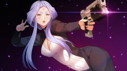 Rule 34 | 1girl, :o, bodysuit, breasts, caroline barraclough, cleavage, facepaint, female focus, game cg, gradient background, gun, hands up, holding, holding gun, holding weapon, large breasts, leaning forward, legs, light purple hair, looking at viewer, open mouth, original, outstretched arm, pero, re:d cherish, short hair with long locks, sidelocks, simple background, solo, thick eyebrows, thighs, v-shaped eyebrows, weapon, yellow eyes