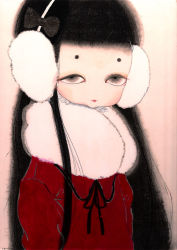 Rule 34 | 1girl, arms at sides, black bow, black eyes, black hair, black ribbon, blunt bangs, bow, earmuffs, expressionless, female focus, fur collar, fur trim, long hair, looking at viewer, makita haruka, neck ribbon, original, red lips, ribbon, short eyebrows, siyawase, solo, upper body