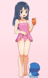 Rule 34 | 1girl, bare legs, bare shoulders, barefoot, blue eyes, blue hair, blush, child, chiwino, creatures (company), dawn (pokemon), female focus, flat chest, full body, game freak, gen 4 pokemon, highres, lifted by self, long hair, looking at another, looking at viewer, nintendo, one-piece swimsuit, open mouth, pink background, pink one-piece swimsuit, piplup, pokemon, pokemon (anime), pokemon dppt (anime), simple background, skindentation, sleeveless, smile, solo, standing, swimsuit, thighs, toes