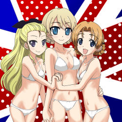 Rule 34 | 10s, 3girls, artist request, assam (girls und panzer), blonde hair, blue eyes, blush, bra, braid, breasts, darjeeling (girls und panzer), girl sandwich, girls und panzer, hair ribbon, hair slicked back, holding hands, hug, interlocked fingers, lace, lace-trimmed bra, lace-trimmed panties, lace trim, long hair, looking at viewer, multiple girls, open mouth, orange hair, orange pekoe (girls und panzer), panties, polka dot, purple eyes, ribbon, sandwiched, short hair, side-tie panties, small breasts, smile, standing, take your pick, thigh gap, underwear, underwear only, union jack, white panties