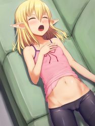 Rule 34 | 1girl, bad source, bike shorts, black bike shorts, black shorts, blonde hair, blush, bow, bow camisole, shirt bow, breasts, cameltoe, camisole, camisole lift, clothes lift, couch, cowboy shot, crotch seam, drooling, elf, closed eyes, flat chest, from above, gluteal fold, hair between eyes, hand on own chest, highres, indoors, kurowan, lifting own clothes, lowleg, lowleg shorts, lying, medium hair, midriff, navel, on back, on couch, open mouth, original, pink camisole, pink shirt, pointy ears, red bow, saliva, shirt, shirt lift, shorts, sleeping, small breasts, solo, stomach, teeth, upper teeth only