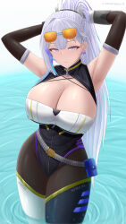 Rule 34 | 1girl, absurdres, archstreal, armpit crease, armpit focus, armpits, arms behind head, arms up, bare shoulders, black gloves, black leotard, blue eyes, breasts, cleavage, gloves, grey hair, highleg, highleg leotard, highres, holding, large breasts, leotard, looking at viewer, mole, mole under eye, original, ponytail, solo, strealia rinne (archstreal), thighs, wading, water, wet
