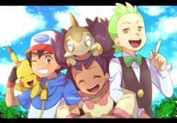 Rule 34 | 1girl, 2boys, :d, artist name, ash ketchum, axew, baseball cap, black hair, blue jacket, blurry, bow, bowtie, brown eyes, brown vest, chitozen (pri zen), cilan (pokemon), closed eyes, cloud, commentary request, creatures (company), day, eyelashes, fingerless gloves, game freak, gen 1 pokemon, gen 5 pokemon, gloves, green eyes, green hair, green neckwear, grin, hat, index finger raised, iris (pokemon), jacket, letterboxed, locked arms, long hair, long sleeves, looking at viewer, multiple boys, nintendo, no sclera, on head, one eye closed, open mouth, outdoors, pikachu, pokemon, pokemon (anime), pokemon (creature), pokemon bw (anime), pokemon on back, pokemon on head, purple hair, shirt, short sleeves, sky, smile, teeth, tongue, traditional bowtie, upper teeth only, vest, watermark, white shirt, zipper pull tab, |d