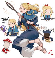 Rule 34 | 1girl, :t, absurdres, among us drip (meme), backpack, bag, bags under eyes, belt, blonde hair, blue capelet, blue robe, braid, breakdance, breasts, brown belt, capelet, censored, censored food, chibi, choker, commentary, cropped torso, dungeon meshi, eating, elf, english commentary, english text, feet, full body, green eyes, hair over shoulder, hair ribbon, heart, high tops, highres, holding, holding staff, hood, hooded capelet, lavelis, light smile, long hair, long pointy ears, long sleeves, looking to the side, low twin braids, mage staff, marcille breakdance (meme), marcille donato, medium breasts, meme, multiple views, notice lines, pointy ears, red choker, red ribbon, ribbon, robe, sandals, shoes, sidelocks, sneakers, sprout, staff, teeth, toes, twin braids, upper teeth only, very long hair, walking mushroom (dungeon meshi), white background, wide-eyed, wide sleeves