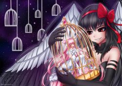Rule 34 | 10s, 2girls, absurdly long hair, akemi homura, akuma homura, bare shoulders, birdcage, black gloves, black hair, bow, cage, choker, dress, elbow gloves, feathered wings, gloves, grin, hair bow, highres, hug, kaname madoka, long hair, looking at another, mahou shoujo madoka magica, mahou shoujo madoka magica: hangyaku no monogatari, multiple girls, pink hair, racoon-kun, red eyes, signature, smile, space, spoilers, thighhighs, two side up, ultimate madoka, very long hair, white dress, white gloves, white legwear, wings, yuri, zettai ryouiki