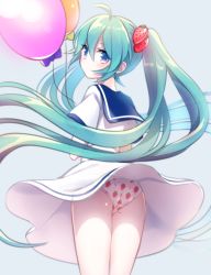Rule 34 | 1girl, ahoge, akiyoshi (tama-pete), aqua eyes, aqua hair, ass, balloon, blue eyes, blue hair, blue sailor collar, blush, closed mouth, commentary, dress, food, food-themed hair ornament, food print, from behind, fruit, grey background, hair between eyes, hair ornament, hatsune miku, holding, holding balloon, long hair, looking at viewer, looking back, panties, print panties, sailor collar, short sleeves, simple background, solo, standing, strawberry, strawberry hair ornament, strawberry panties, strawberry print, twintails, underwear, very long hair, vocaloid, white dress, wind