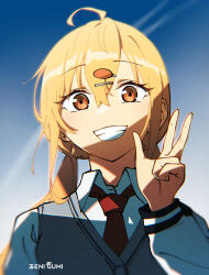 Rule 34 | 1girl, ahoge, artist logo, blonde hair, borrowed character, collared shirt, commentary, english commentary, grey vest, hair between eyes, hair ornament, hairclip, highres, long hair, long sleeves, looking at viewer, necktie, original, red necktie, school uniform, shirt, sidelocks, smile, solo, twintails, upper body, vest, w, white shirt, zeni gumi