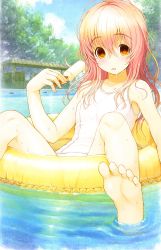 Rule 34 | 1girl, absurdres, afloat, antenna hair, barefoot, day, empty eyes, feet, floating, food, highres, innertube, kimi to kanojo to kanojo no koi., mukou aoi (totono), one-piece swimsuit, open mouth, pink hair, pool, popsicle, school swimsuit, school uniform, sitting, soles, swim ring, swimsuit, toes, tree, tsuji santa, water, white one-piece swimsuit, white school swimsuit, yellow eyes
