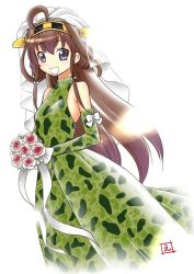 Rule 34 | 1girl, :d, ahoge, bouquet, bride, brown hair, camouflage, dress, ebifly, elbow gloves, flower, gloves, green dress, green gloves, hairband, headgear, holding, holding bouquet, kantai collection, kongou (kancolle), long hair, looking at viewer, open mouth, pink flower, pink rose, purple eyes, rose, signature, simple background, smile, solo, standing, very long hair, wedding dress, white background
