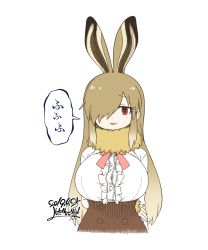 Rule 34 | 1girl, :3, animal ears, arm behind back, breasts, brown skirt, buttons, center frills, dated, double-breasted, european hare (kemono friends), extra ears, frills, fur collar, hair over one eye, high-waist skirt, highres, kemono friends, large breasts, light brown hair, long hair, long sleeves, parted lips, rabbit ears, red eyes, shirt, signature, simple background, skirt, smile, solo, translated, underbust, white background, white shirt, yoshida hideyuki