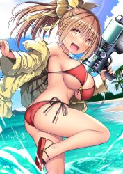 Rule 34 | 1girl, :d, absurdres, ass, beach, bikini, blue sky, blush, breasts, brown eyes, brown hair, butt crack, cloud, commentary request, day, hair ribbon, highres, holding, holding water gun, jacket, kuromayu, large breasts, long hair, looking at viewer, open mouth, original, outdoors, ponytail, red bikini, ribbon, sandals, side-tie bikini bottom, sideboob, sky, smile, solo, standing, swimsuit, thighs, twisted torso, water gun, yellow jacket