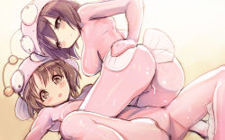 Rule 34 | 10s, 2girls, all fours, alternate costume, anglerfish costume, ass, bad id, bad pixiv id, blush, bodysuit, breasts, brown eyes, brown hair, fallen down, fish costume, from behind, girls und panzer, gradient background, hamoto, hand on own ass, hat, highres, incest, looking at viewer, lying, matching outfits, multiple girls, nishizumi maho, nishizumi miho, on back, short hair, siblings, sisters, sketch, spread legs, sweat, yuri
