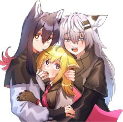 Rule 34 | 3girls, animal ears, arknights, black gloves, black hair, blonde hair, blush, cape, capelet, finger in another&#039;s mouth, fingerless gloves, food, food in mouth, girl sandwich, gloves, grey eyes, hand on another&#039;s head, height difference, highres, kawaii inu5, lappland (arknights), long hair, long sleeves, multicolored hair, multiple girls, open mouth, pocky, sandwiched, silver hair, sora (arknights), sweat, texas (arknights), two-tone hair, wolf ears, wolf girl, yellow eyes, yuri