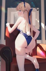 Rule 34 | 1girl, animal ears, ass, aya (lezon), back, blonde hair, blue archive, blue eyes, blue leotard, bow, braid, breasts, chair, closed mouth, couch, earpiece, french braid, from behind, gluteal fold, hair bow, halo, highleg, highleg leotard, highres, indoors, leotard, long hair, looking at viewer, looking back, medium breasts, picture frame, playboy bunny, rabbit ears, rabbit tail, shoulder blades, sideboob, skindentation, solo, tail, thighhighs, thighs, toki (blue archive), toki (bunny) (blue archive), very long hair, white thighhighs, wide hips, wrist cuffs