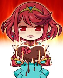 Rule 34 | 1girl, apron, blush, breasts, chibi, chocolate, earrings, evil smile, fingerless gloves, fire, gloves, hair ornament, jewelry, looking at viewer, ma2acworks, nintendo, pyra (xenoblade), red eyes, red hair, short hair, shorts, sidelocks, simple background, smile, solo, tiara, white background, xenoblade chronicles (series), xenoblade chronicles 2, xenoblade chronicles (series), xenoblade chronicles 2, yandere