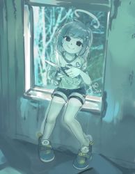 Rule 34 | 1girl, abandoned, ahoge, artist name, black eyes, blue shorts, building, child, closed mouth, denim, denim shorts, freckles, full body, ghost, girutea, green theme, hair ornament, halo, heart, highres, holding, holding scissors, holding weapon, indie virtual youtuber, knees, knees together feet apart, lily hopkins, long hair, looking at viewer, messy hair, nature, removing footwear, rolled up pantslegs, scissors, shirt, shoes, short shorts, shorts, shorts rolled up, signature, sitting, sitting in window, sitting on object, slip-on shoes, smile, spooky&#039;s house of jump scares, virtual youtuber, watermark, weapon, window