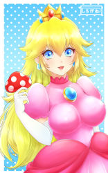 Rule 34 | 1girl, :d, arm at side, blonde hair, blue background, blue eyes, border, breasts, brooch, covered erect nipples, crown, dress, earrings, elbow gloves, eyelashes, fly agaric, gloves, hair between eyes, hand up, highres, holding, holding mushroom, impossible clothes, impossible dress, jewelry, large breasts, lips, long hair, looking at viewer, mario (series), mushroom, nintendo, open mouth, pink dress, pink lips, polka dot, princess, princess peach, puffy short sleeves, puffy sleeves, shirogane tsubasa, short sleeves, smile, solo, super mario bros. 1, translation request, upper body, white border, white gloves