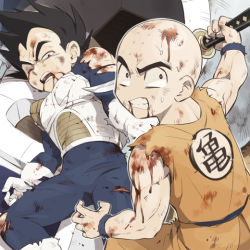 Rule 34 | 2boys, bad id, bad pixiv id, bald, beaten, black hair, blood, clenched teeth, defeat, dragon ball, dragonball z, gloves, holding, holding sword, holding weapon, injury, kuririn, male focus, multiple boys, one eye closed, open mouth, spoilers, standing, sword, teeth, torn clothes, ttk (ehohmaki), vegeta, weapon, white gloves, wink