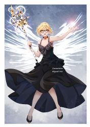 Rule 34 | 1girl, black-framed eyewear, black dress, blonde hair, border, breasts, choker, commission, dress, earrings, final fantasy, final fantasy xiv, glasses, highres, holding, holding staff, hyur, jewelry, looking at viewer, lyra-kotto, medium breasts, open mouth, outstretched arm, red eyes, short hair, solo, staff, twitter username, warrior of light (ff14), white border, white mage (final fantasy), wings