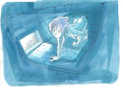 Rule 34 | 1girl, all fours, bad id, bad pixiv id, barefoot, blue theme, breasts, caracol, elf, foreshortening, nipples, nude, original, painting (medium), pointy ears, solo, traditional media, ventilation shaft, watercolor (medium)